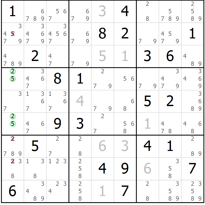 Position des candidats pour la solution de la Gr 10 page 13 du magazine de sudoku Virtuose n° 104