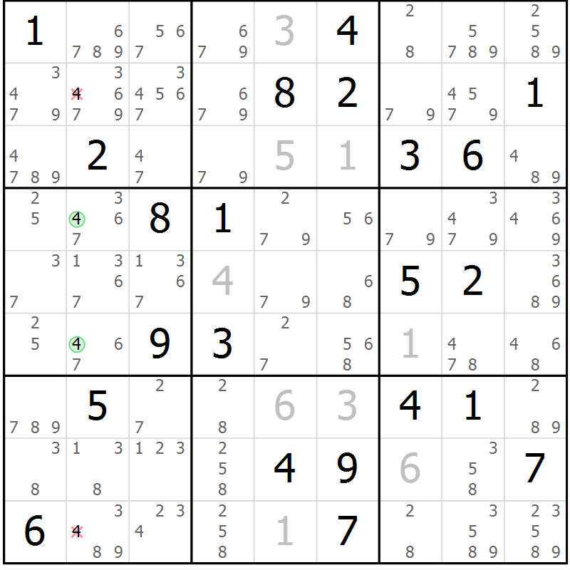 Position des candidats pour la solution de la Gr 10 page 13 du magazine de sudoku Virtuose n° 104