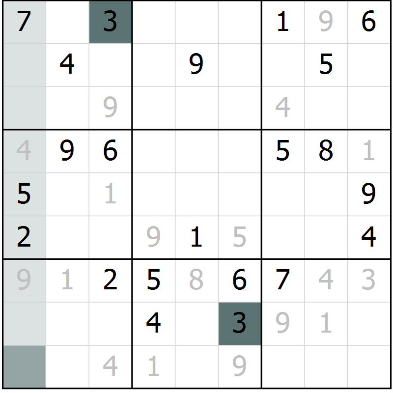 Position des candidats pour la solution de la Gr 11 page 14 du magazine de sudoku Virtuose n° 104