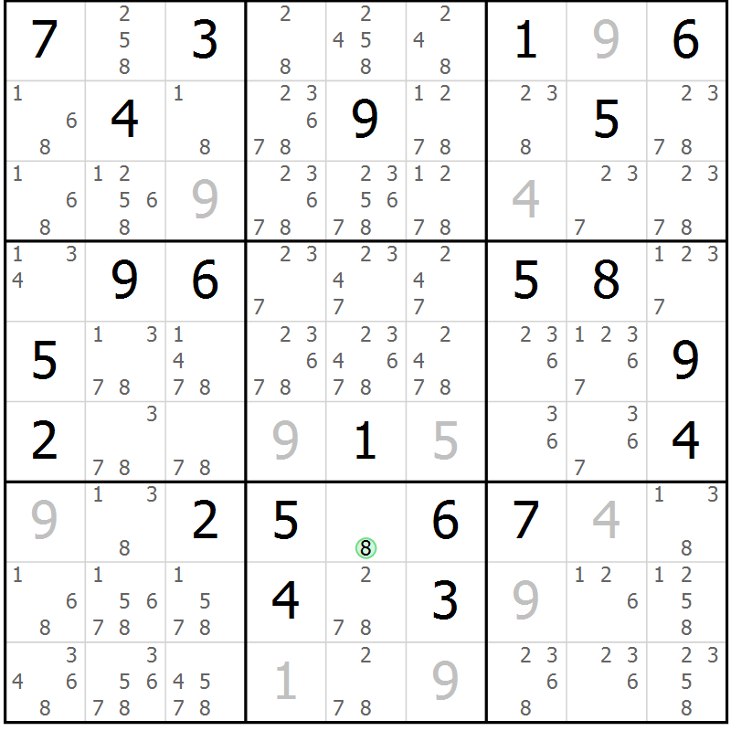 Position des candidats pour la solution de la Gr 11 page 14 du magazine de sudoku Virtuose n° 104