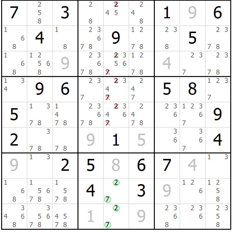 Position des candidats pour la solution de la Gr 11 page 14 du magazine de sudoku Virtuose n° 104