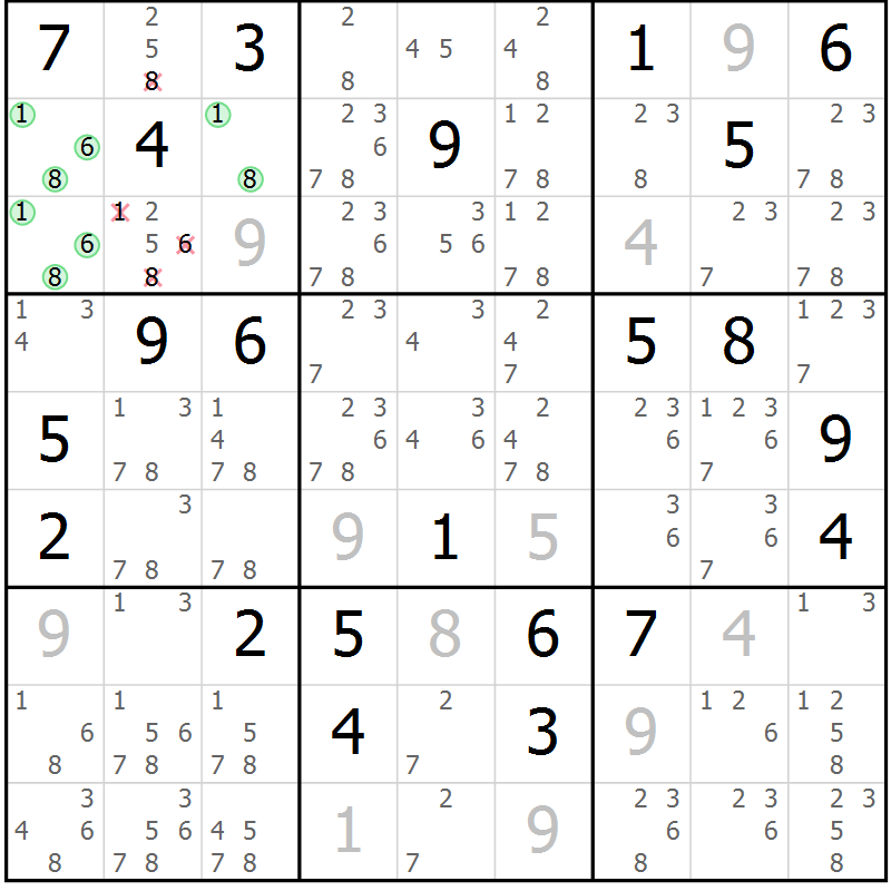 Position des candidats pour la solution de la Gr 11 page 14 du magazine de sudoku Virtuose n° 104