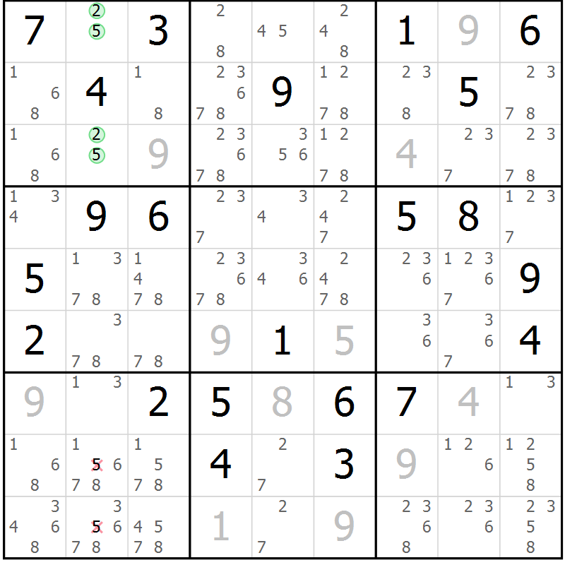Position des candidats pour la solution de la Gr 11 page 14 du magazine de sudoku Virtuose n° 104