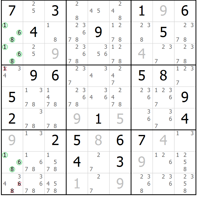 Position des candidats pour la solution de la Gr 11 page 14 du magazine de sudoku Virtuose n° 104