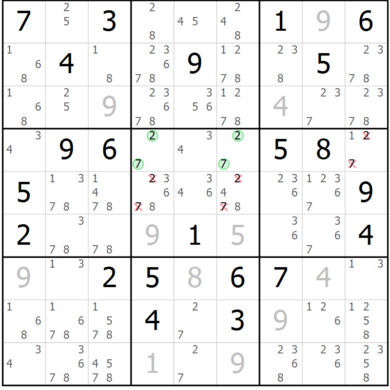 Position des candidats pour la solution de la Gr 11 page 14 du magazine de sudoku Virtuose n° 104