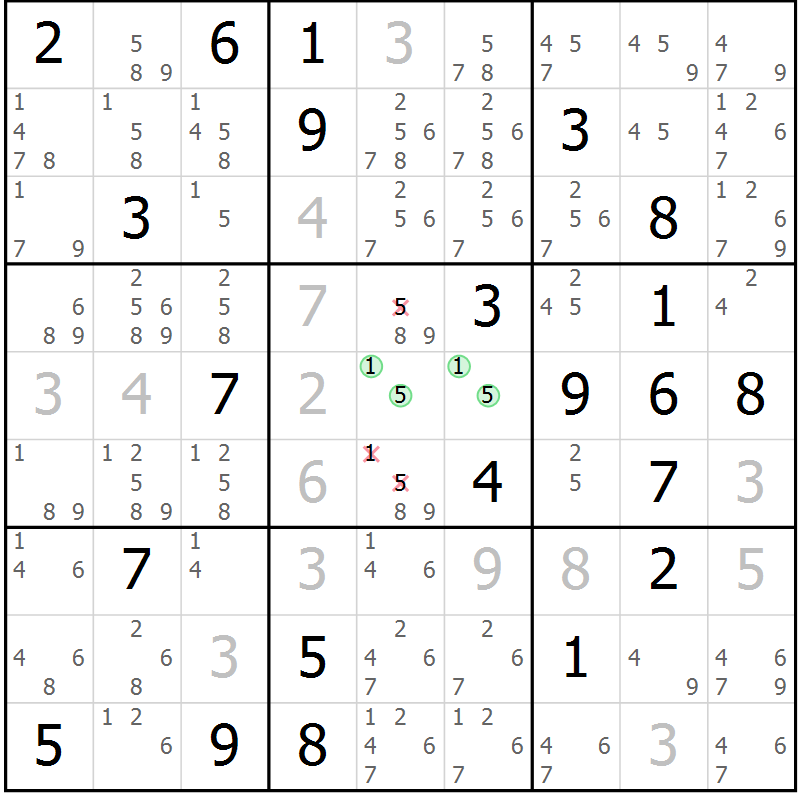 Position des candidats pour la solution de la Gr 13 page 16 du magazine de sudoku Virtuose n° 104