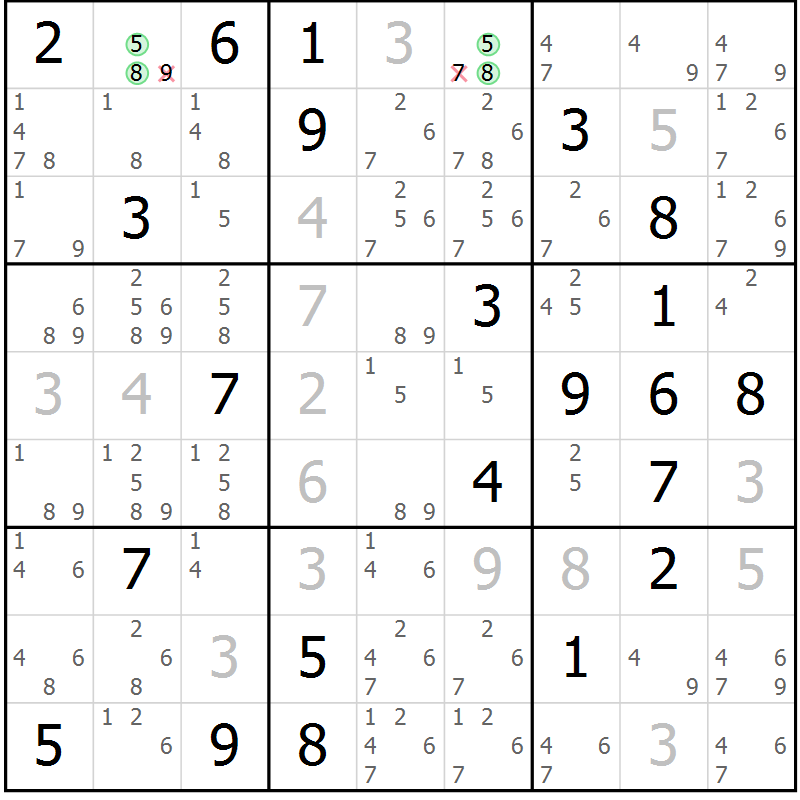 Position des candidats pour la solution de la Gr 13 page 16 du magazine de sudoku Virtuose n° 104