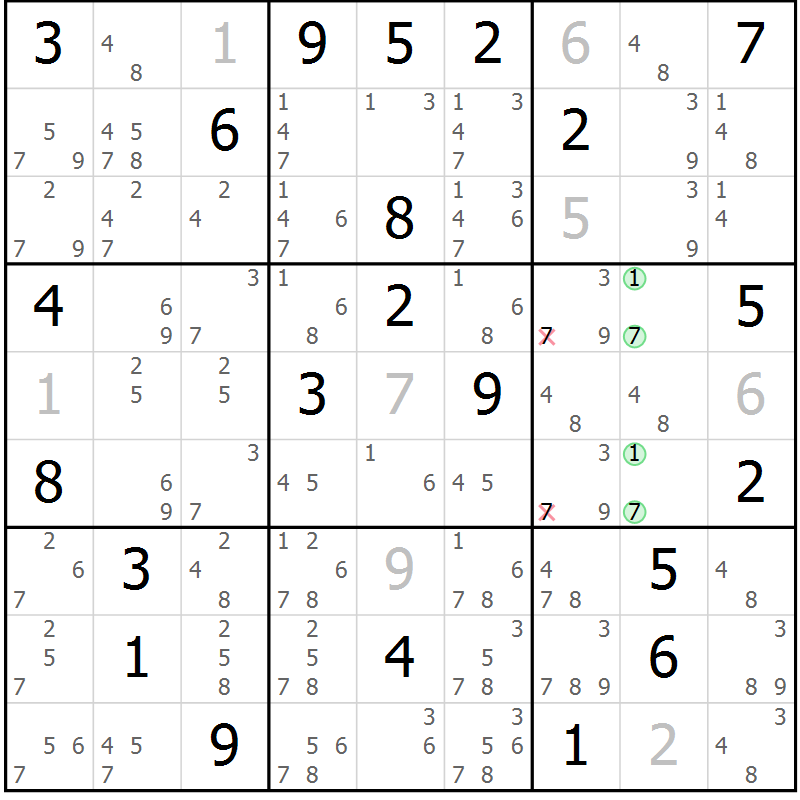 Position des candidats pour la solution de la Gr 15 page 18 du magazine de sudoku Virtuose n° 104