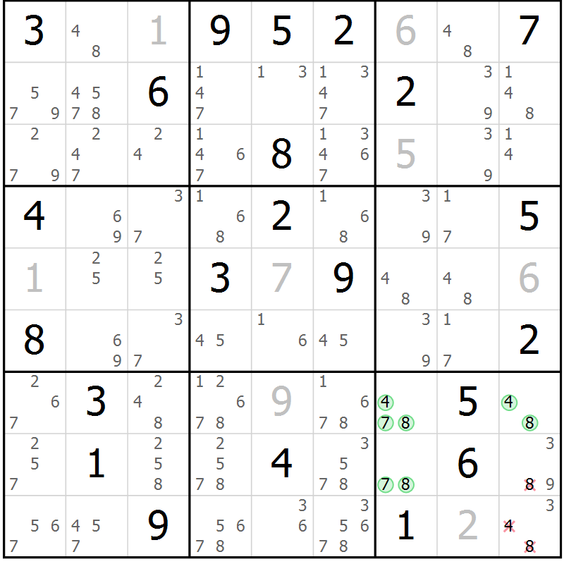 Position des candidats pour la solution de la Gr 15 page 18 du magazine de sudoku Virtuose n° 104