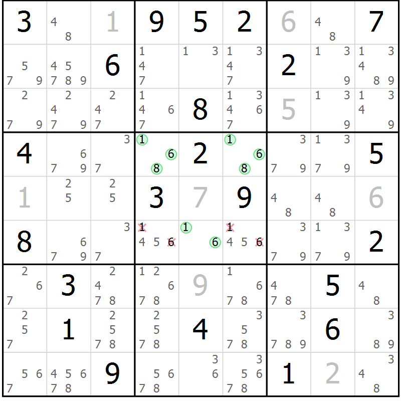Position des candidats pour la solution de la Gr 15 page 18 du magazine de sudoku Virtuose n° 104
