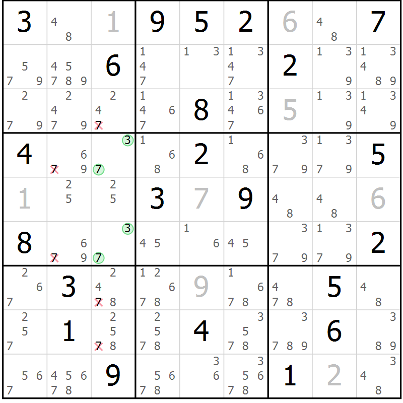 Position des candidats pour la solution de la Gr 15 page 18 du magazine de sudoku Virtuose n° 104