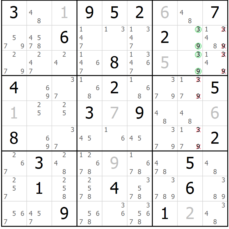 Position des candidats pour la solution de la Gr 15 page 18 du magazine de sudoku Virtuose n° 104