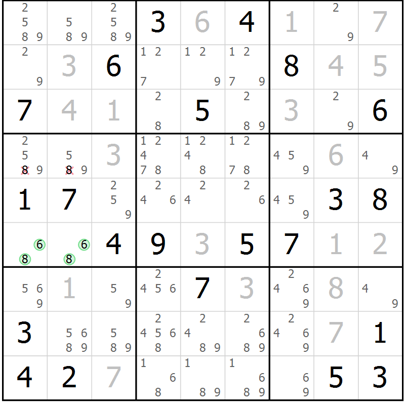 Position des candidats pour la solution de la Gr 18 page 21 du magazine de sudoku Virtuose n° 104