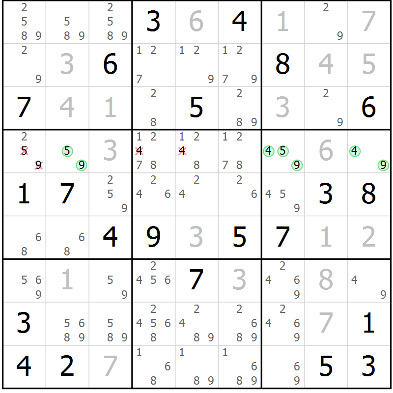 Position des candidats pour la solution de la Gr 18 page 21 du magazine de sudoku Virtuose n° 104