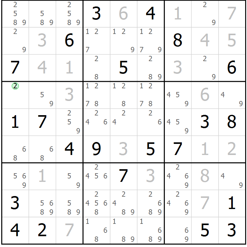 Position des candidats pour la solution de la Gr 18 page 21 du magazine de sudoku Virtuose n° 104