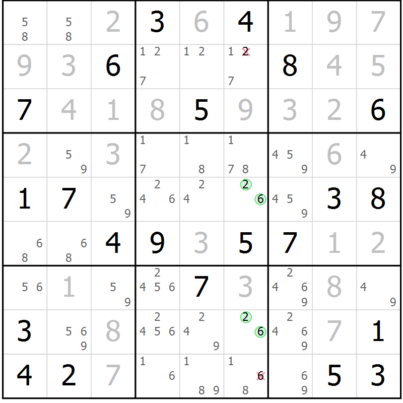 Position des candidats pour la solution de la Gr 18 page 21 du magazine de sudoku Virtuose n° 104