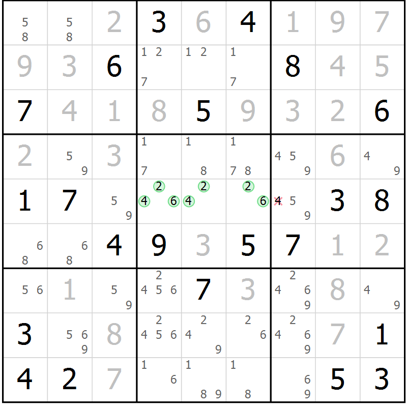 Position des candidats pour la solution de la Gr 18 page 21 du magazine de sudoku Virtuose n° 104
