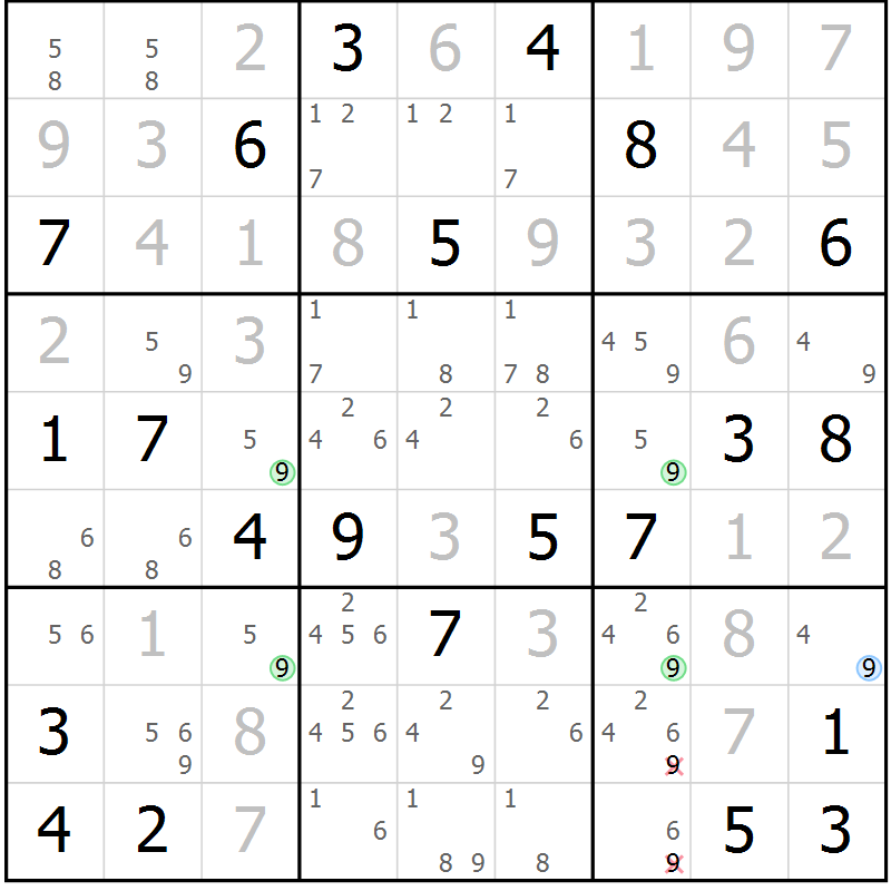 Position des candidats pour la solution de la Gr 18 page 21 du magazine de sudoku Virtuose n° 104