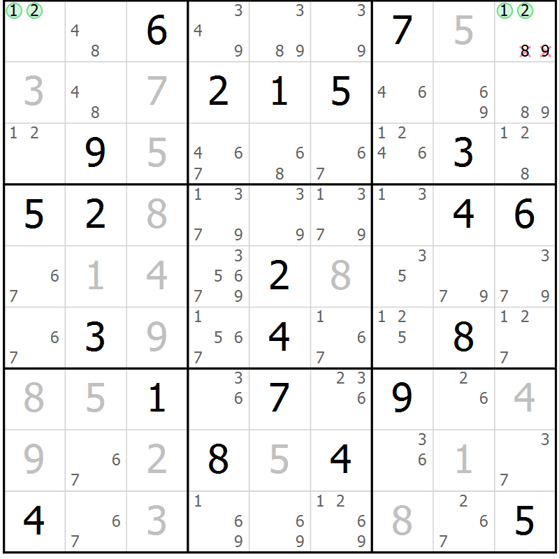 Position des candidats pour la solution de la Gr 19 page 22 du magazine de sudoku Virtuose n° 104