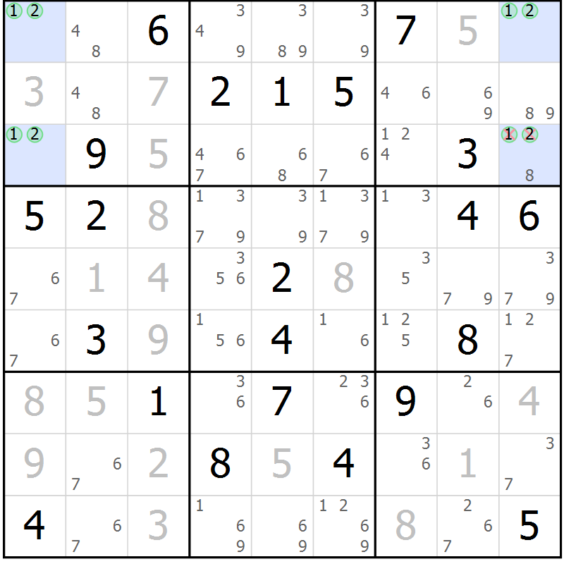 Position des candidats pour la solution de la Gr 19 page 22 du magazine de sudoku Virtuose n° 104