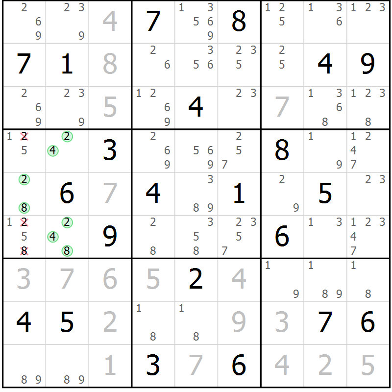 Position des candidats pour la solution de la Gr 2 page 5 du magazine de sudoku Virtuose n° 104