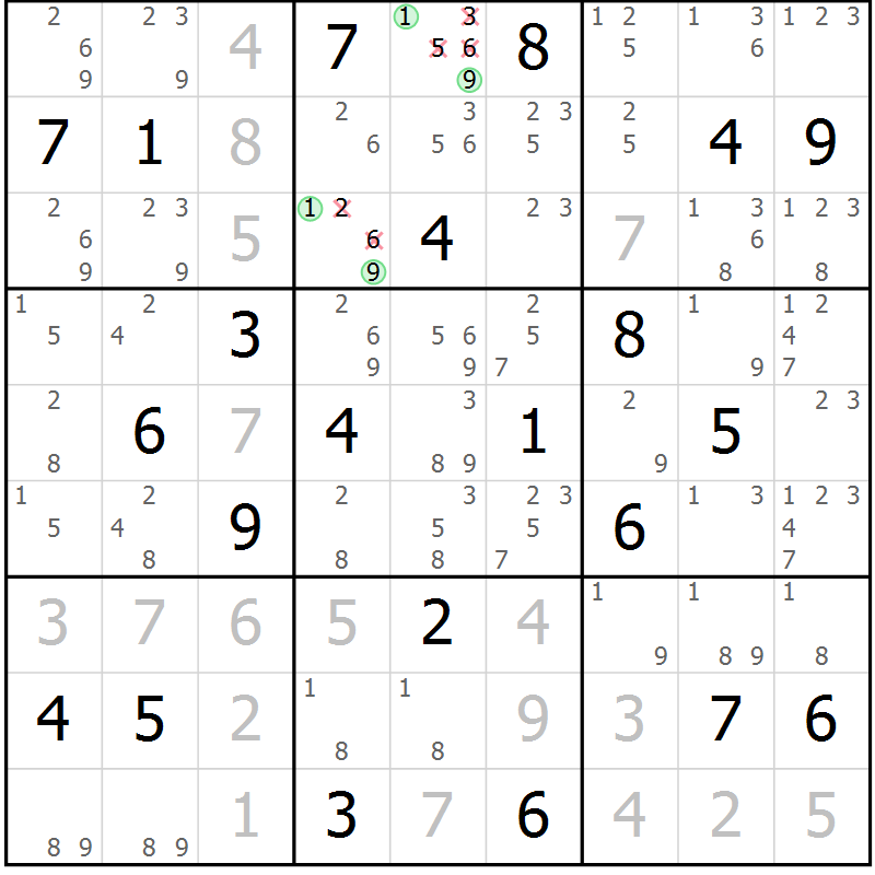 Position des candidats pour la solution de la Gr 2 page 5 du magazine de sudoku Virtuose n° 104