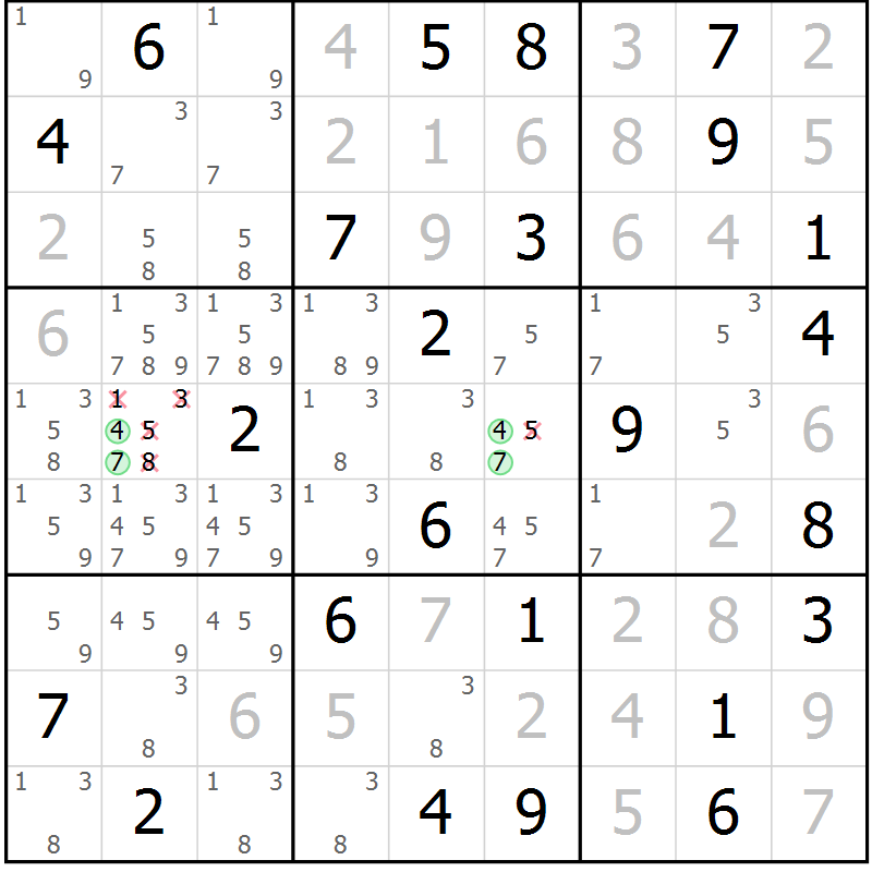 Position des candidats pour la solution de la Gr 24 page 27 du magazine de sudoku Virtuose n° 104