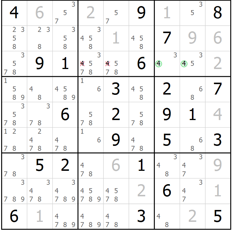 Position des candidats pour la solution de la Gr 25 page 28 du magazine de sudoku Virtuose n° 104