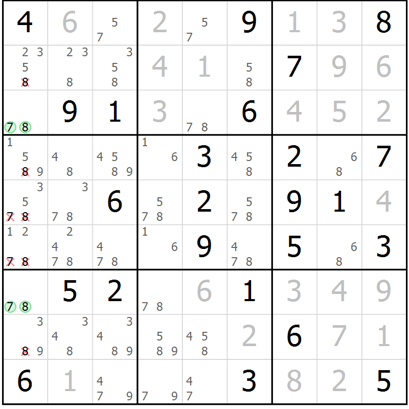 Position des candidats pour la solution de la Gr 25 page 28 du magazine de sudoku Virtuose n° 104