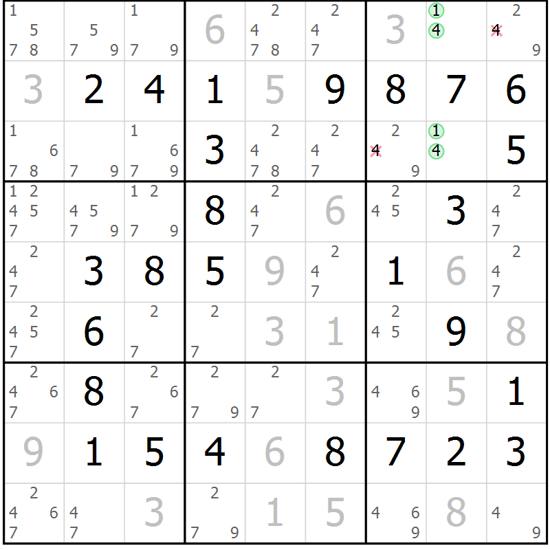 Position des candidats pour la solution de la Gr 26 page 29 du magazine de sudoku Virtuose n° 104