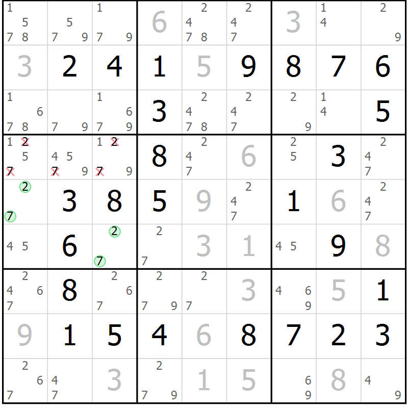 Position des candidats pour la solution de la Gr 26 page 29 du magazine de sudoku Virtuose n° 104