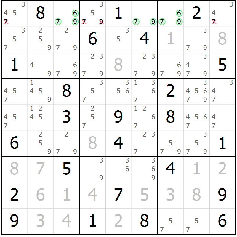 Position des candidats pour la solution de la Gr 27 page 30 du magazine de sudoku Virtuose n° 104