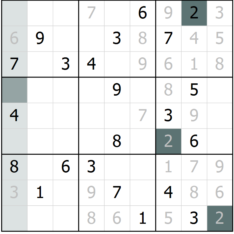 Position des candidats pour la solution de la Gr 3 page 6 du magazine de sudoku Virtuose n° 104