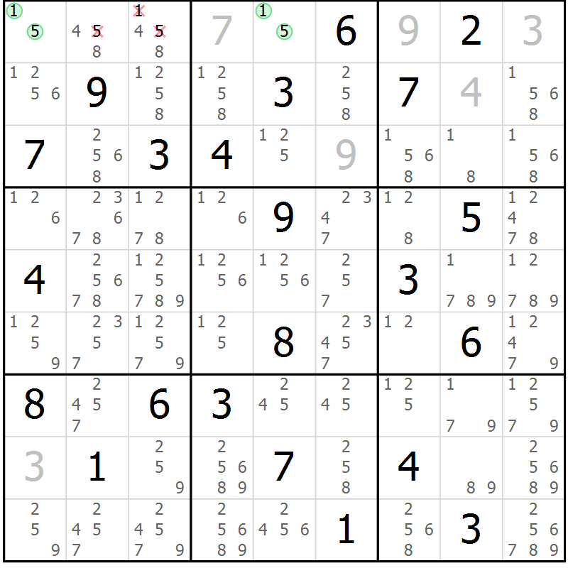 Position des candidats pour la solution de la Gr 3 page 6 du magazine de sudoku Virtuose n° 104