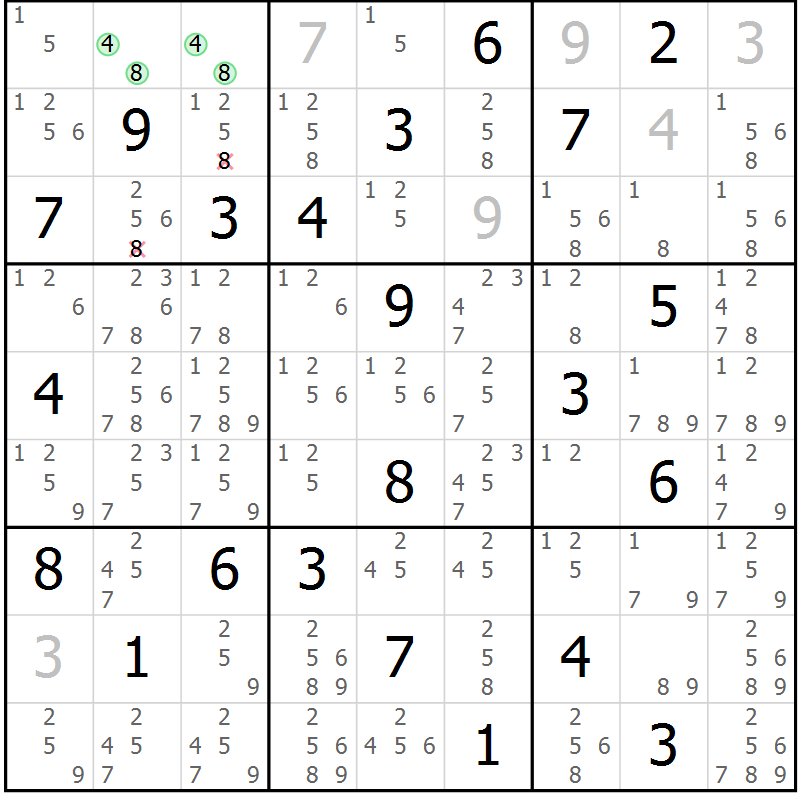 Position des candidats pour la solution de la Gr 3 page 6 du magazine de sudoku Virtuose n° 104
