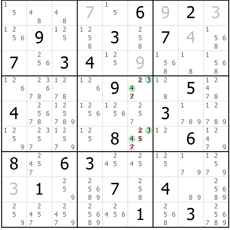 Position des candidats pour la solution de la Gr 3 page 6 du magazine de sudoku Virtuose n° 104