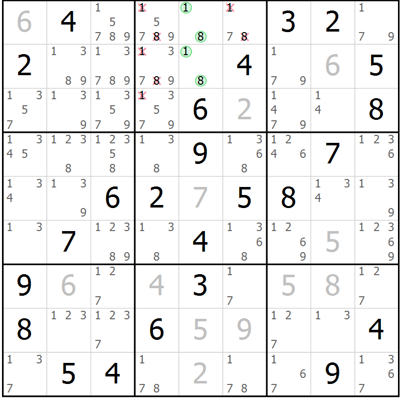Position des candidats pour la solution de la Gr 33 page 36 du magazine de sudoku Virtuose n° 104