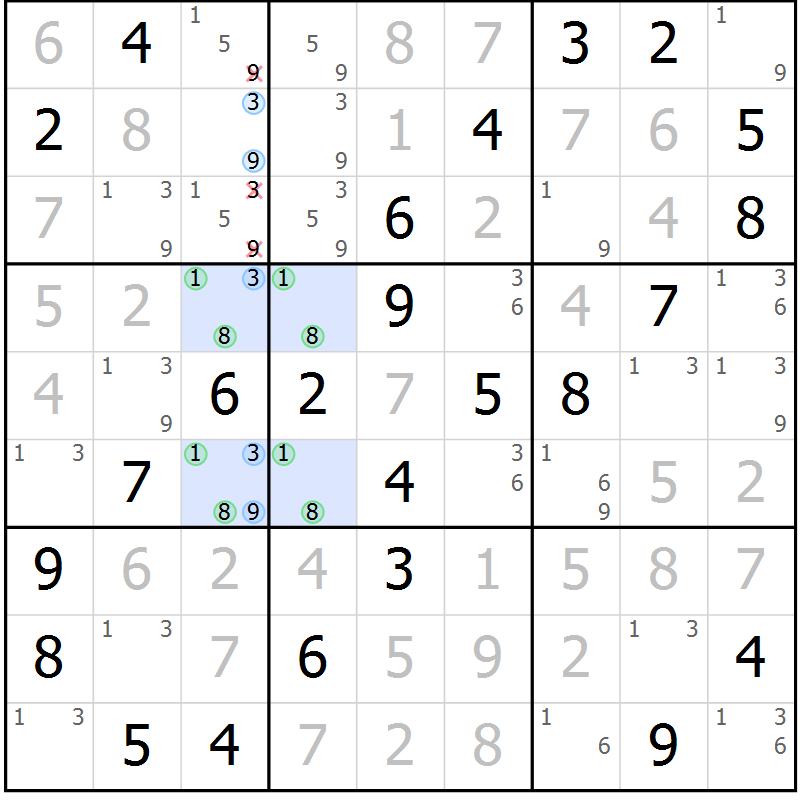 Position des candidats pour la solution de la Gr 33 page 36 du magazine de sudoku Virtuose n° 104
