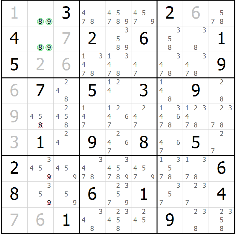 Position des candidats pour la solution de la Gr 36 page 39 du magazine de sudoku Virtuose n° 104