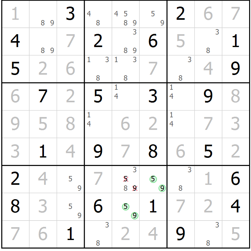 Position des candidats pour la solution de la Gr 36 page 39 du magazine de sudoku Virtuose n° 104