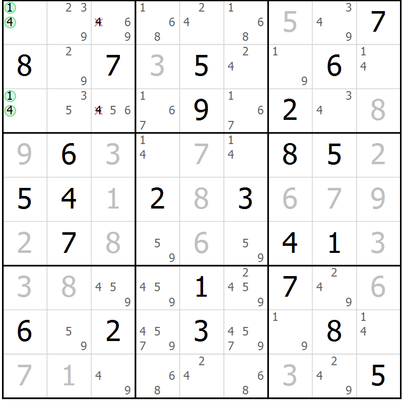 Position des candidats pour la solution de la Gr 37 page 40 du magazine de sudoku Virtuose n° 104