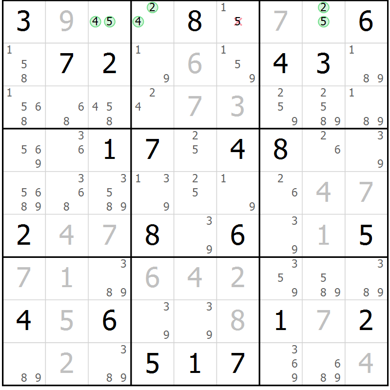 Position des candidats pour la solution de la Gr 4 page 7 du magazine de sudoku Virtuose n° 104
