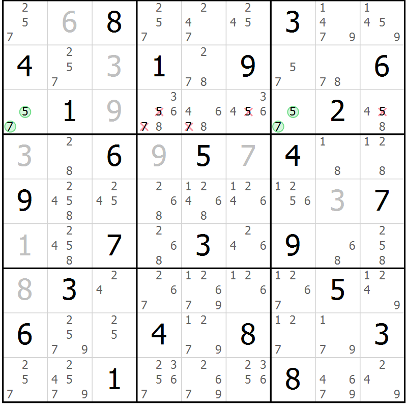 Position des candidats pour la solution de la Gr 40 page 43 du magazine de sudoku Virtuose n° 104