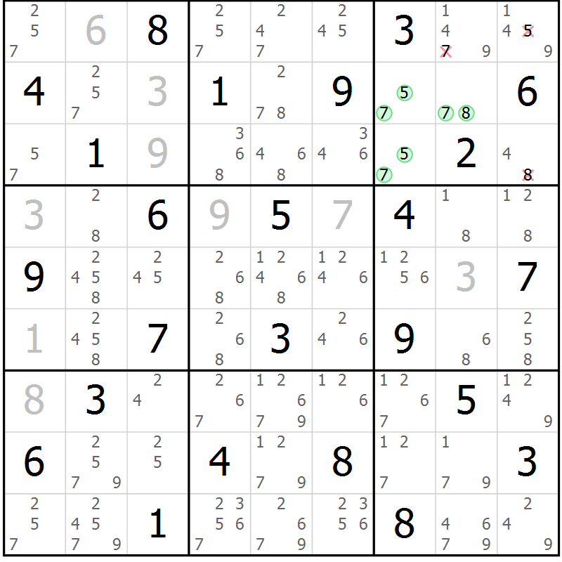 Position des candidats pour la solution de la Gr 40 page 43 du magazine de sudoku Virtuose n° 104