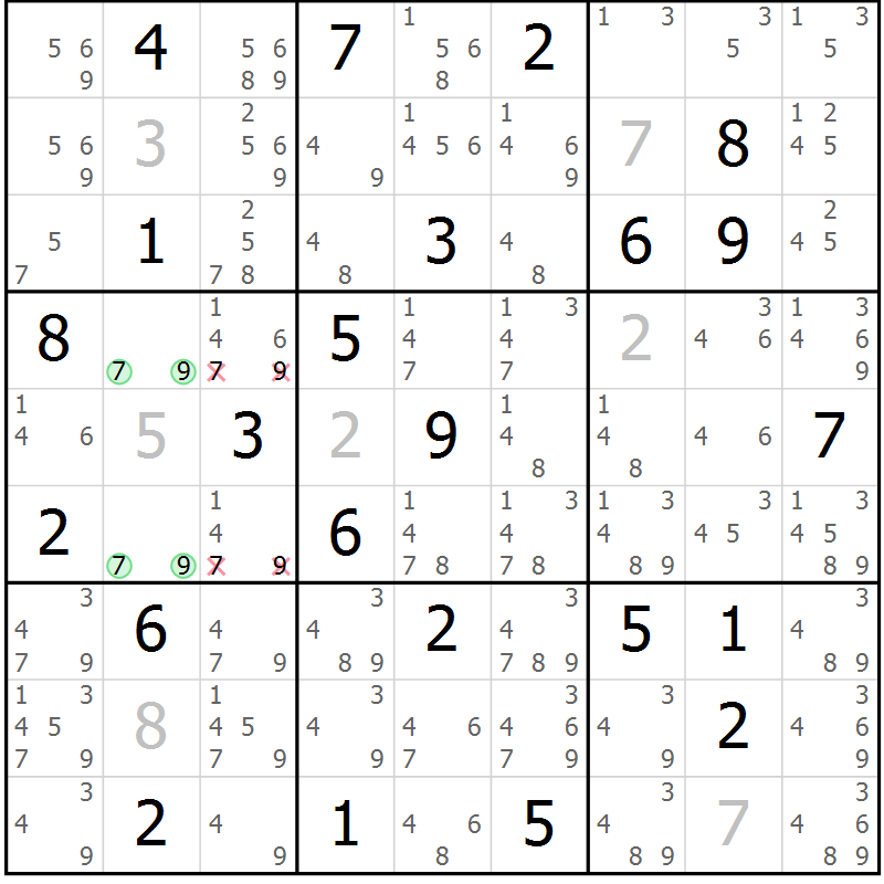 Position des candidats pour la solution de la Gr 43 page 46 du magazine de sudoku Virtuose n° 104