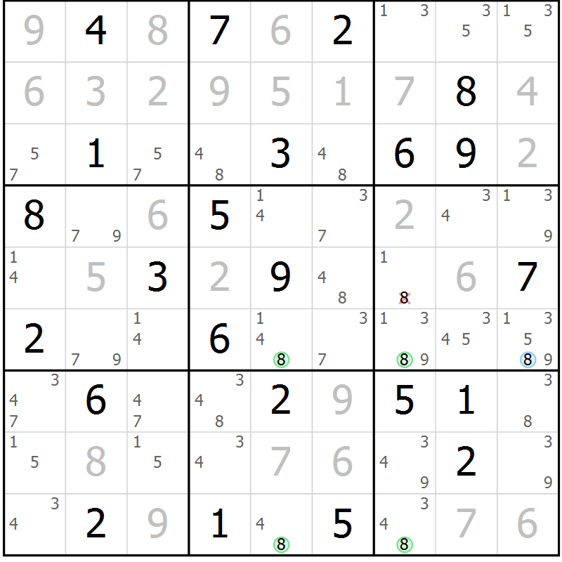 Position des candidats pour la solution de la Gr 43 page 46 du magazine de sudoku Virtuose n° 104