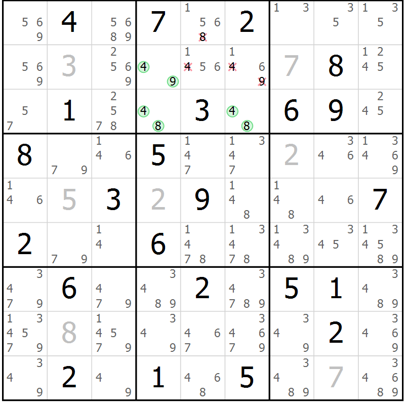 Position des candidats pour la solution de la Gr 43 page 46 du magazine de sudoku Virtuose n° 104