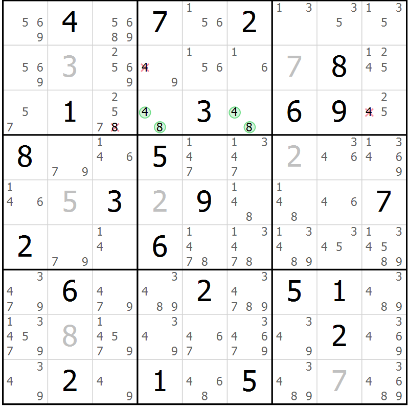 Position des candidats pour la solution de la Gr 43 page 46 du magazine de sudoku Virtuose n° 104