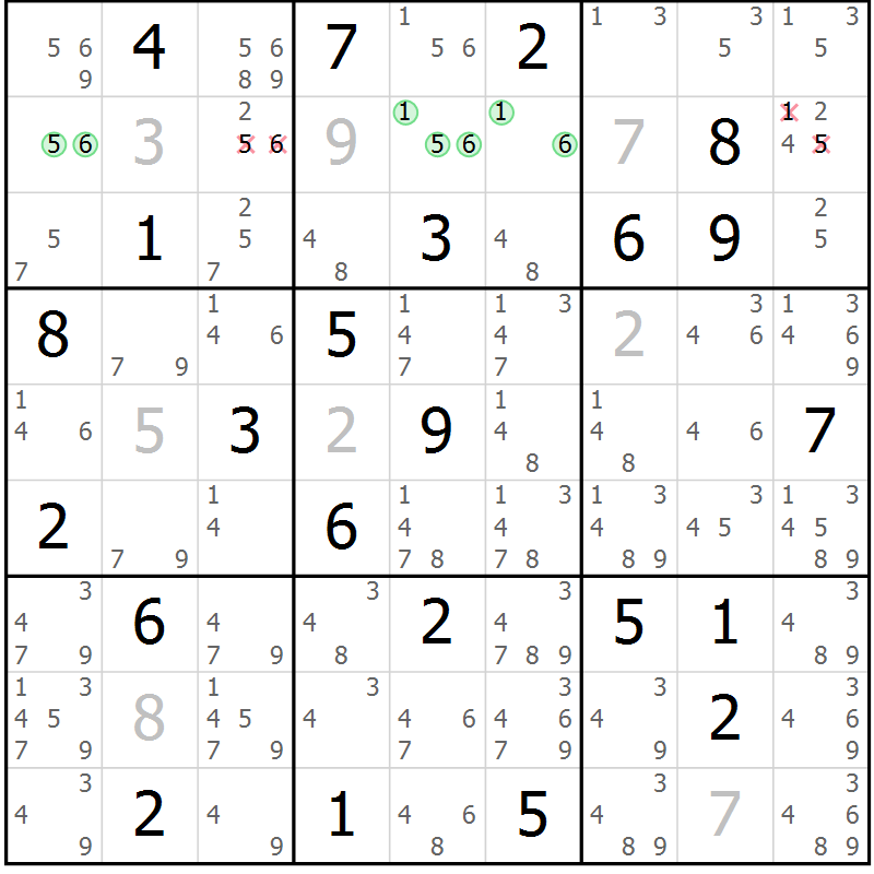 Position des candidats pour la solution de la Gr 43 page 46 du magazine de sudoku Virtuose n° 104