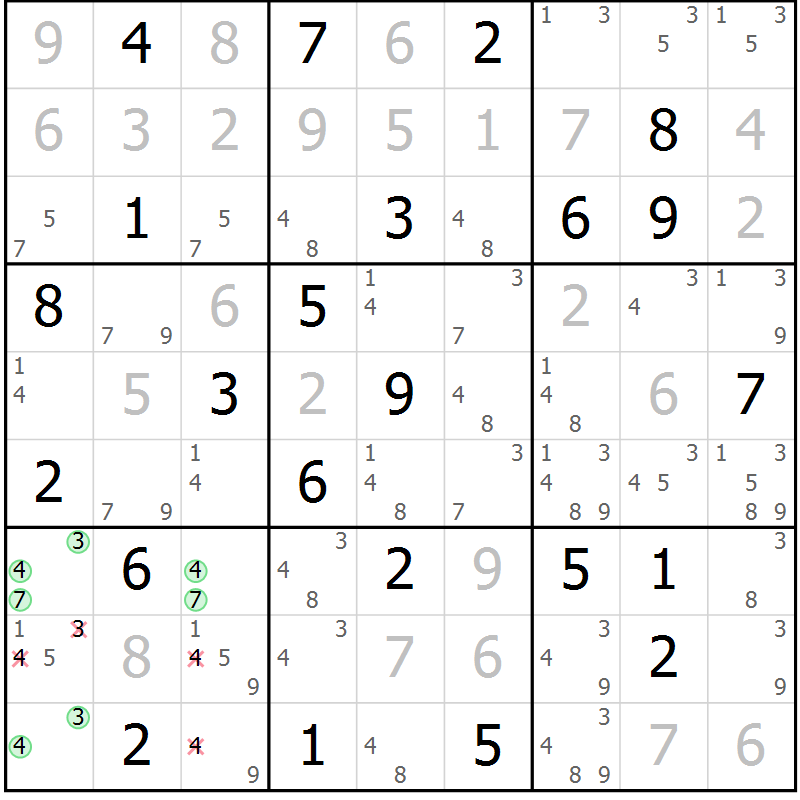 Position des candidats pour la solution de la Gr 43 page 46 du magazine de sudoku Virtuose n° 104